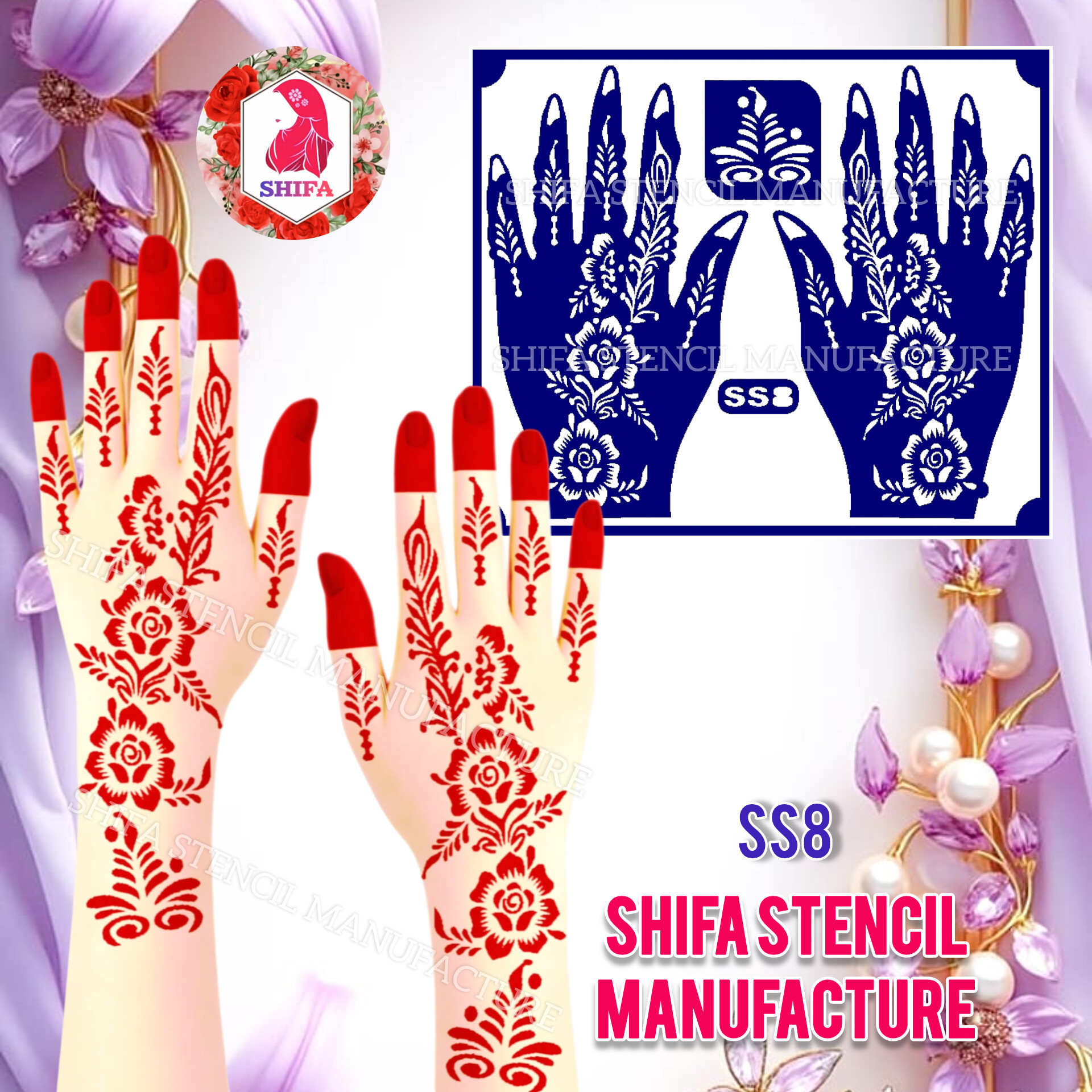 SS 8 Elegant Floral Arabic Design Sticker Overview  Henna Stencil - Shifa Stencil